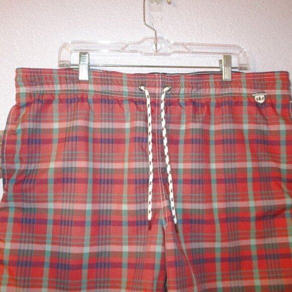 Lands End VOLLEY Swim Trunks Size L 36 38 UPF Lined POCKETS Drawstring PLAID 6" - Picture 2 of 11